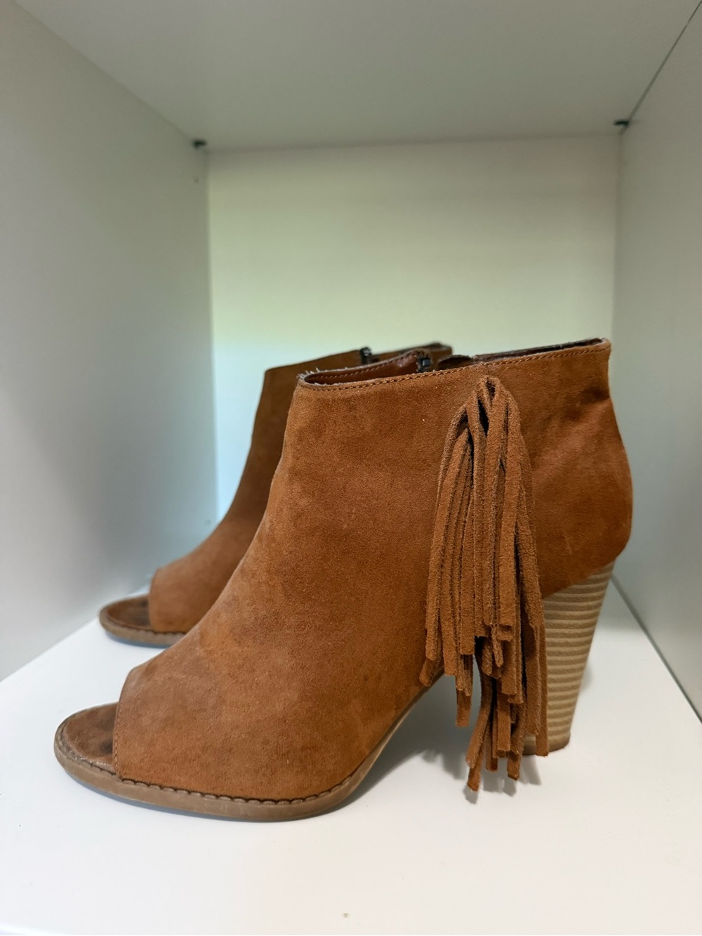 Express Cognac Suede Fringe Peep-Toe Ankle Booties. Size 8